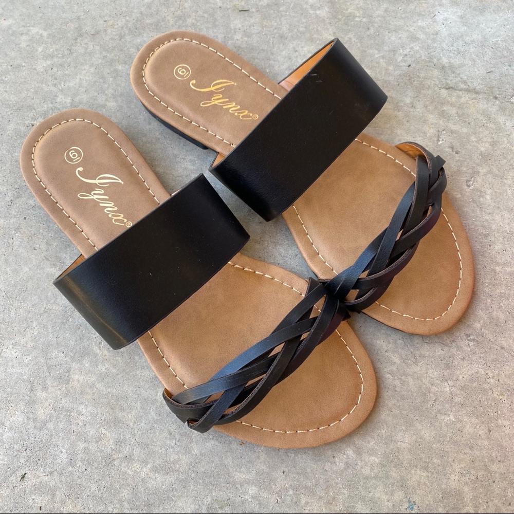 Brand New Braided Double Strap Black Sandals Flats